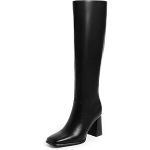 ✨ Modatope Long Boots Women Black Faux Leather Knee High Chunky Square Toe Boots